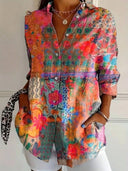 Women's Floral Abstract Print Button-Up Blouse – Long Sleeve Casual Shirt Top