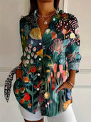 Women's Floral Abstract Print Button-Up Blouse – Long Sleeve Casual Shirt Top