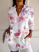 Women's Floral Abstract Print Button-Up Blouse – Long Sleeve Casual Shirt Top