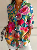 Women's Floral Abstract Print Button-Up Blouse – Long Sleeve Casual Shirt Top