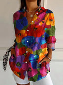 Women's Floral Abstract Print Button-Up Blouse – Long Sleeve Casual Shirt Top