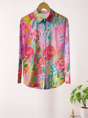 Women's Floral Abstract Print Button-Up Blouse – Long Sleeve Casual Shirt Top