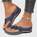 Women's Floral Appliqué Wedge Flip Flop Sandals – Thong Toe Boho Summer Beach