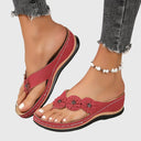 Women's Floral Appliqué Wedge Flip Flop Sandals – Thong Toe Boho Summer Beach