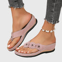 Women's Floral Appliqué Wedge Flip Flop Sandals – Thong Toe Boho Summer Beach