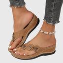 Women's Floral Appliqué Wedge Flip Flop Sandals – Thong Toe Boho Summer Beach