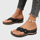 Women's Floral Appliqué Wedge Flip Flop Sandals – Thong Toe Boho Summer Beach