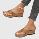 Women's Floral Appliqué Wedge Flip Flop Sandals – Thong Toe Boho Summer Beach