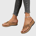 Women's Floral Appliqué Wedge Flip Flop Sandals – Thong Toe Boho Summer Beach