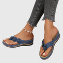 Women's Floral Appliqué Wedge Flip Flop Sandals – Thong Toe Boho Summer Beach