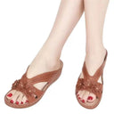 Women's Floral Applique Wedge Sandal – Open Toe Slip On Cutout Summer Slide