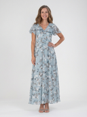 Women's Floral Chiffon Maxi Dress – V Neck Flutter Sleeve Wedding Guest