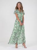 Women's Floral Chiffon Maxi Dress – V Neck Flutter Sleeve Wedding Guest