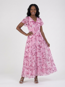 Women's Floral Chiffon Maxi Dress – V Neck Flutter Sleeve Wedding Guest
