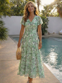 Women's Floral Chiffon Maxi Dress – V Neck Flutter Sleeve Wedding Guest