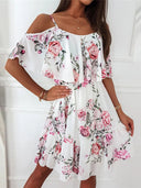 Women's Floral Cold Shoulder Mini Dress – Spaghetti Strap Ruffle Tiered Skirt