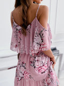 Women's Floral Cold Shoulder Mini Dress – Spaghetti Strap Ruffle Tiered Skirt