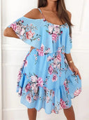Women's Floral Cold Shoulder Mini Dress – Spaghetti Strap Ruffle Tiered Skirt
