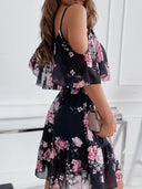 Women's Floral Cold Shoulder Mini Dress – Spaghetti Strap Ruffle Tiered Skirt