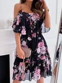 Women's Floral Cold Shoulder Mini Dress – Spaghetti Strap Ruffle Tiered Skirt