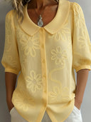Women's Floral Embossed Blouse – Peter Pan Collar Half Sleeve Button Front Top