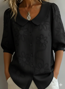 Women's Floral Embossed Blouse – Peter Pan Collar Half Sleeve Button Front Top