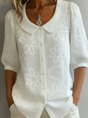Women's Floral Embossed Blouse – Peter Pan Collar Half Sleeve Button Front Top