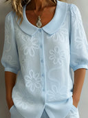 Women's Floral Embossed Blouse – Peter Pan Collar Half Sleeve Button Front Top