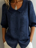 Women's Floral Embossed Blouse – Peter Pan Collar Half Sleeve Button Front Top