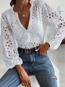 Women's Floral Embroidered Blouse – V Neck Short Sleeve Eyelet Button Top