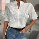 Women's Floral Embroidered Blouse – V Neck Short Sleeve Eyelet Button Top