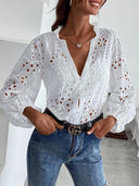 Women's Floral Embroidered Blouse – V Neck Short Sleeve Eyelet Button Top