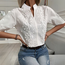 Women's Floral Embroidered Blouse – V Neck Short Sleeve Eyelet Button Top