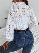 Women's Floral Embroidered Blouse – V Neck Short Sleeve Eyelet Button Top