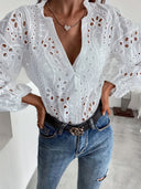 Women's Floral Embroidered Blouse – V Neck Short Sleeve Eyelet Button Top