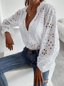 Women's Floral Embroidered Blouse – V Neck Short Sleeve Eyelet Button Top