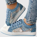 Women's Floral Embroidered Mesh Low Top Sneakers – Lace Up Zip Casual Flatform