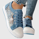 Women's Floral Embroidered Mesh Low Top Sneakers – Lace Up Zip Casual Flatform