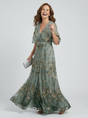 Women's Floral Embroidered Wrap Maxi Dress – V Neck Flutter Sleeve Wedding Guest