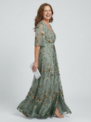 Women's Floral Embroidered Wrap Maxi Dress – V Neck Flutter Sleeve Wedding Guest