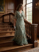 Women's Floral Embroidered Wrap Maxi Dress – V Neck Flutter Sleeve Wedding Guest