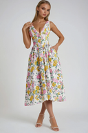 Women's Floral Fit Flare Midi Dress – Deep V Neck Sleeveless Corset Waist Pockets