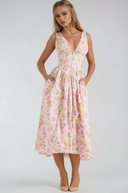 Women's Floral Fit Flare Midi Dress – Deep V Neck Sleeveless Corset Waist Pockets