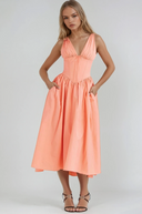 Women's Floral Fit Flare Midi Dress – Deep V Neck Sleeveless Corset Waist Pockets