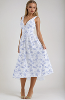 Women's Floral Fit Flare Midi Dress – Deep V Neck Sleeveless Corset Waist Pockets