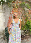 Women's Floral Fit Flare Midi Dress – Deep V Neck Sleeveless Corset Waist Pockets