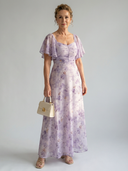Women's Floral Flutter Sleeve Maxi – Ruched Sweetheart Bodice Wedding Dress