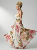 Women's Floral Halter Maxi Dress – Twisted Neck Sleeveless A-Line Wedding Guest