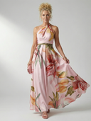 Women's Floral Halter Maxi Dress – Twisted Neck Sleeveless A-Line Wedding Guest