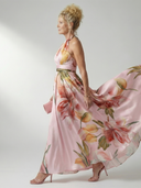 Women's Floral Halter Maxi Dress – Twisted Neck Sleeveless A-Line Wedding Guest